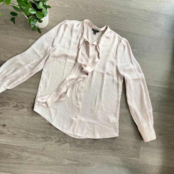 RW&Co Pearl Pink Button-Down Blouse with Neck Tie - Picture 4 of 12